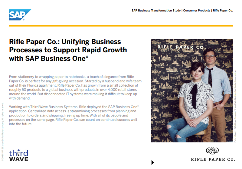 Two people from Rifle Paper Co. pose in front of a patterned backdrop on an SAP case study page