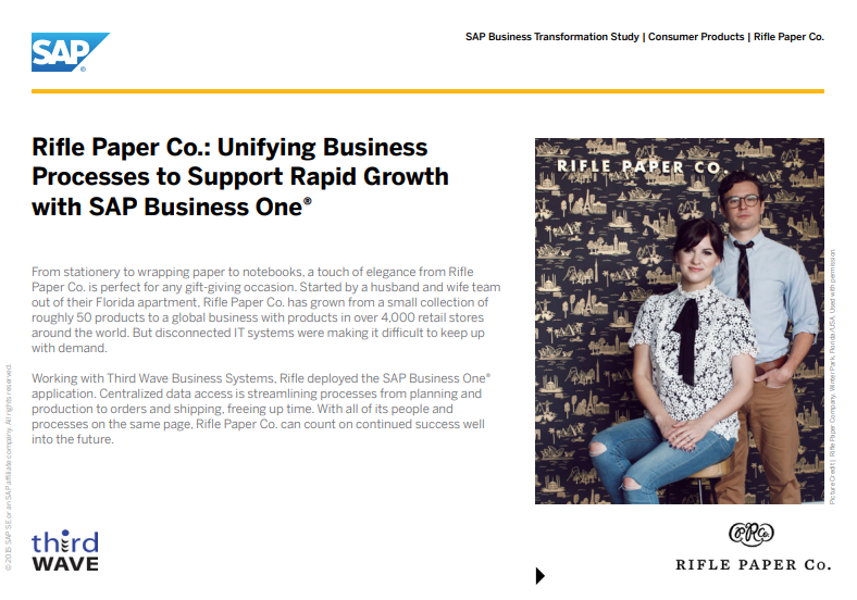 Two people from Rifle Paper Co. pose in front of a patterned backdrop on an SAP case study page