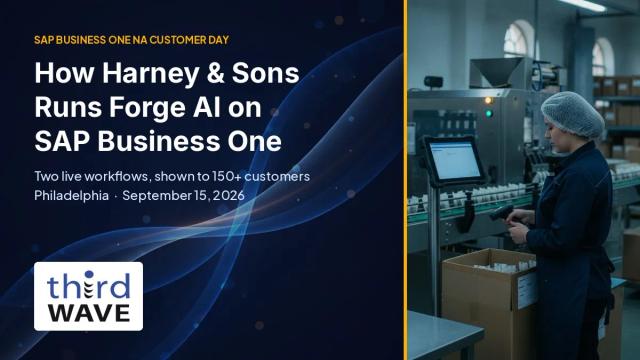 Harney & Sons Forge AI on SAP Business One event graphic beside a worker scanning products on a factory line.