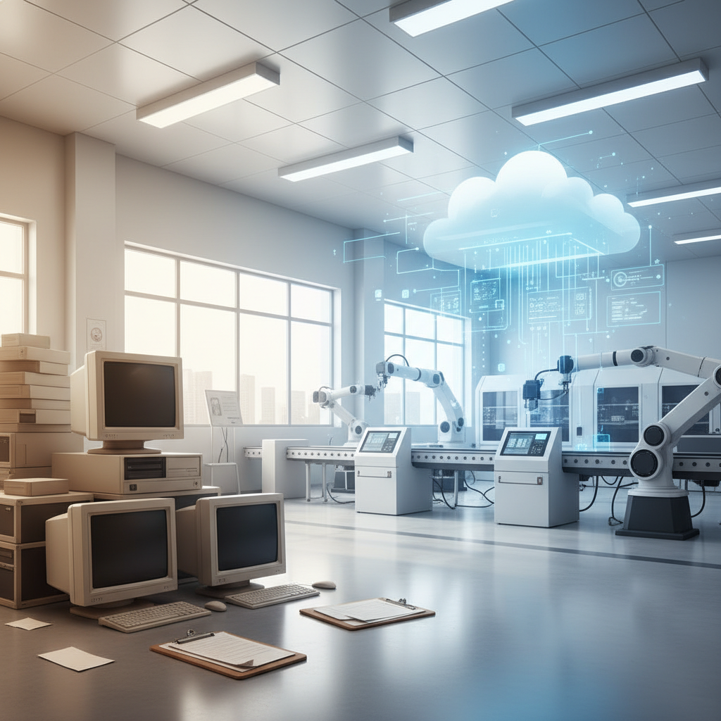 Factory with robotic arms and cloud interface beside stacks of old desktop computers and paperwork on the floor