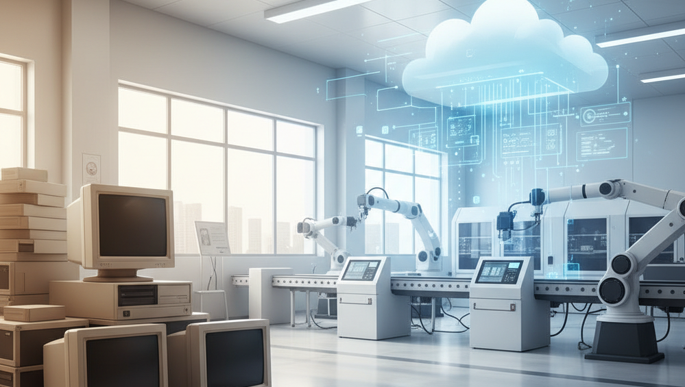 Factory with robotic arms and cloud interface beside stacks of old desktop computers and paperwork on the floor
