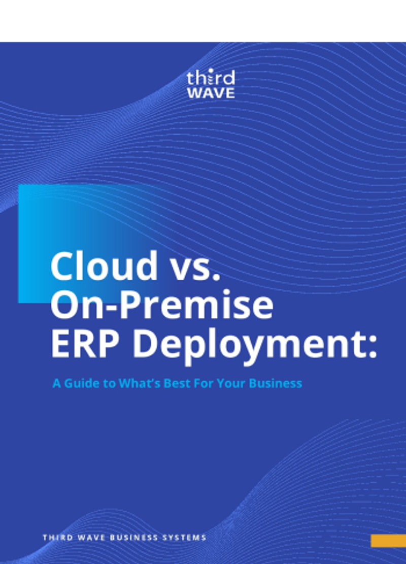 Blue ebook cover titled “Cloud vs. On-Premise ERP Deployment: A Guide to What’s Best For Your Business”