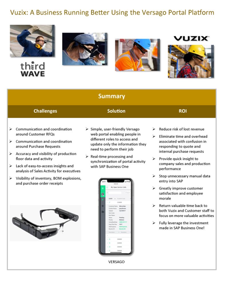 Business flyer showing workers using smart glasses and a phone app summarizing challenges, solutions, and ROI for Versago portal