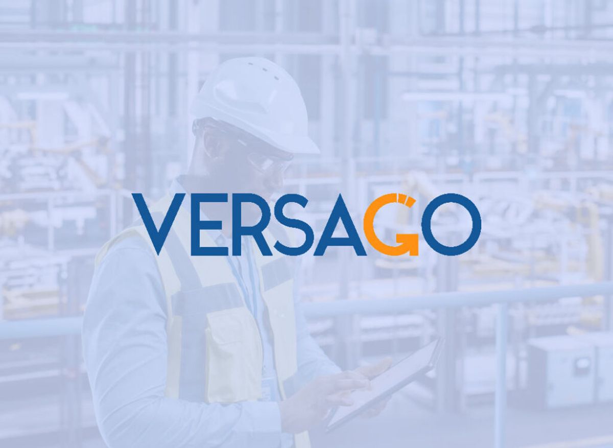 VERSAGO logo over faded image of an industrial worker in safety gear using a tablet
