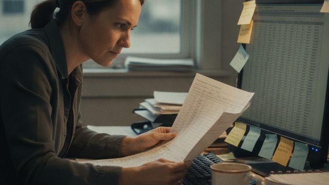 Woman at desk reviewing printed spreadsheets beside a monitor covered in sticky notes and a coffee mug