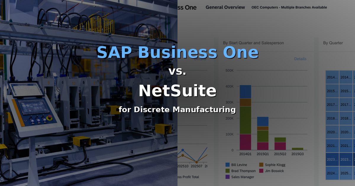 Split image of factory machinery and business dashboards with text: SAP Business One vs. NetSuite for Discrete Manufacturing