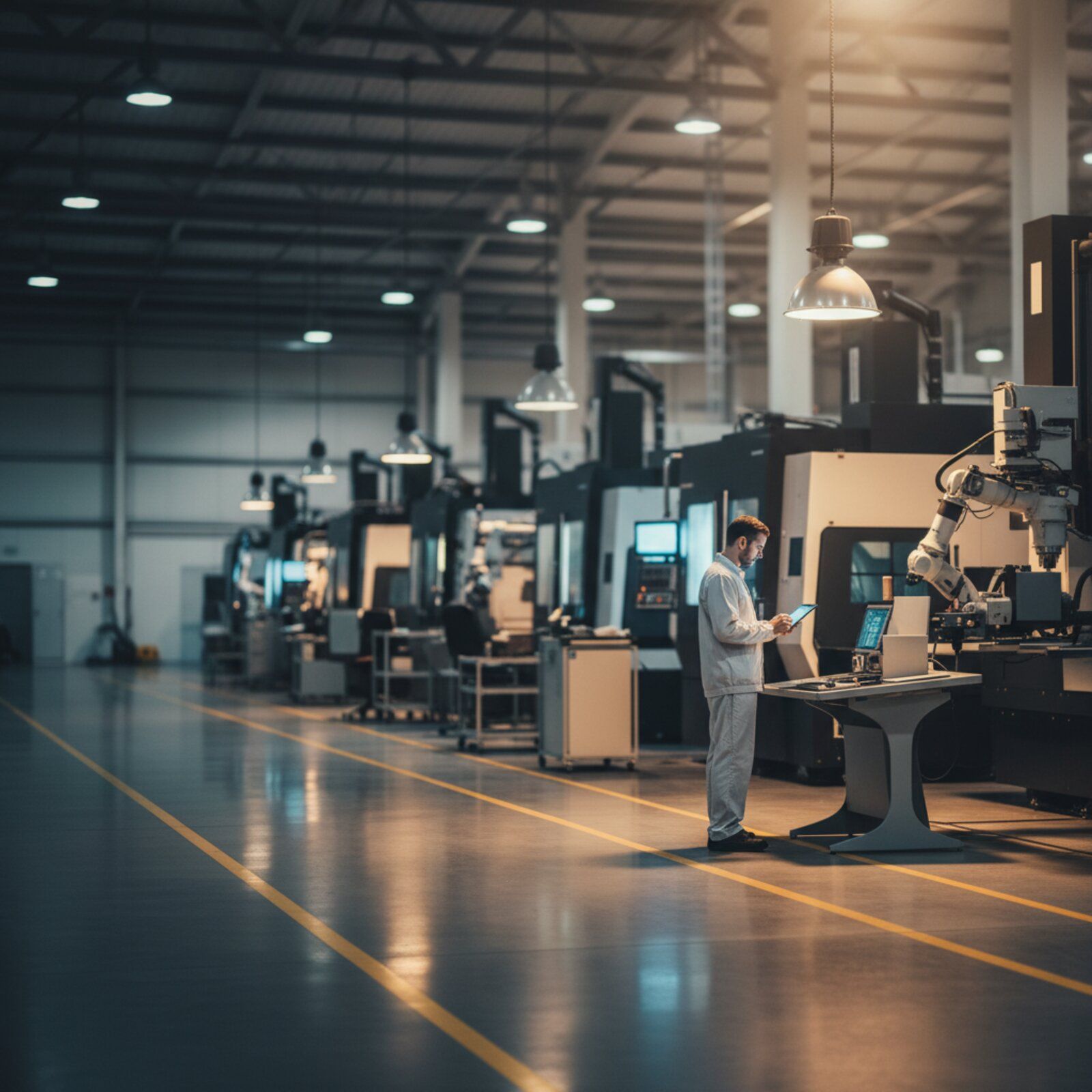 Engineer in a modern factory hall operating a computer workstation beside automated industrial machines