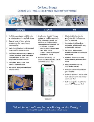 Collicutt Energy flyer showing challenges, Versago web portal solutions, ROI benefits, and a smartphone app screenshot