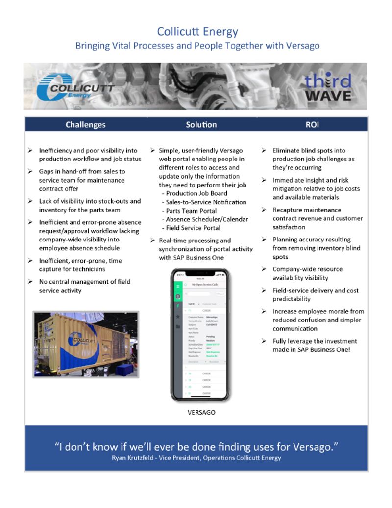 Collicutt Energy flyer showing challenges, Versago web portal solutions, ROI benefits, and a smartphone app screenshot