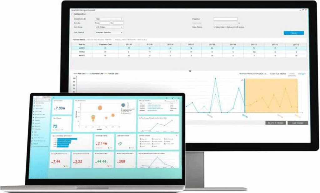 Desktop monitor and laptop displaying data dashboards with charts, tables, and analytics widgets