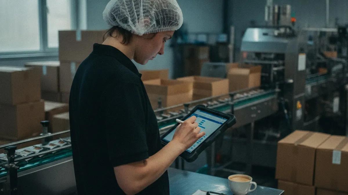 Factory worker in a hairnet uses a tablet beside a conveyor belt and stacked cardboard boxes.
