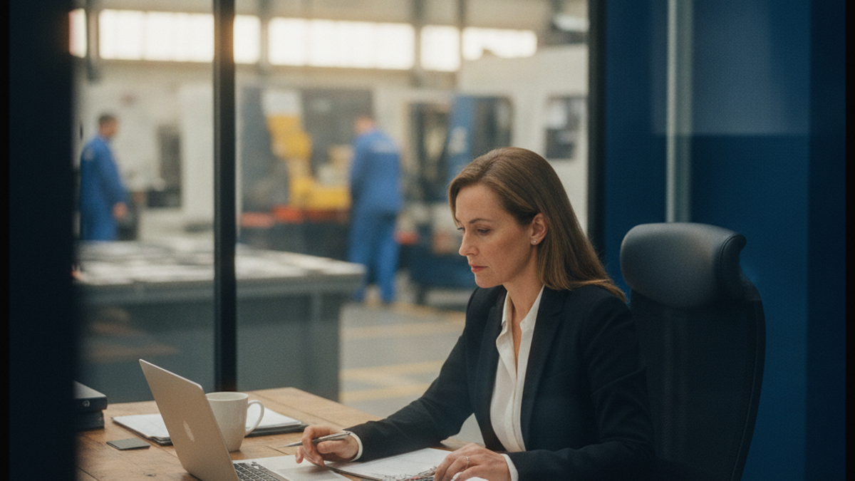 Finance leader reviewing financial reports in a manufacturing office