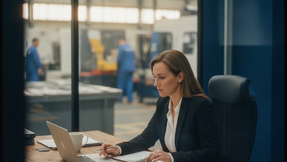 Finance leader reviewing financial reports in a manufacturing office