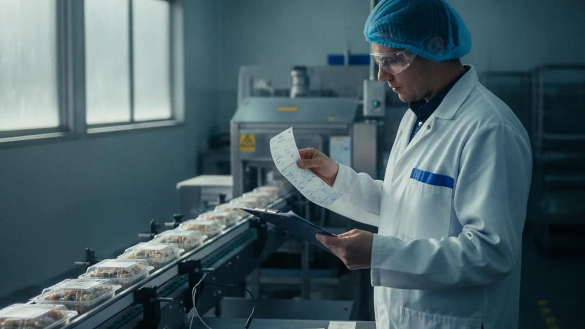 Food production worker checks paperwork beside packaged meals moving along a conveyor belt.