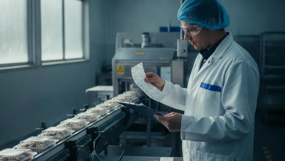 Food production worker checks paperwork beside packaged meals moving along a conveyor belt.