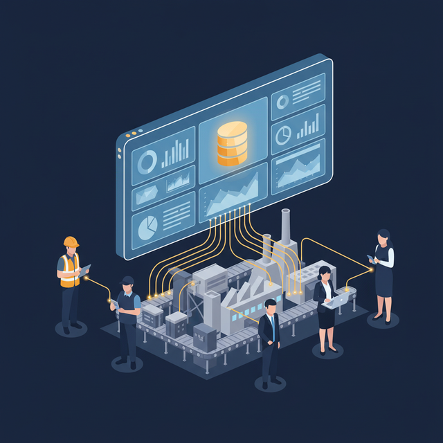 Workers around a smart factory connected to a large data dashboard with charts and database icon