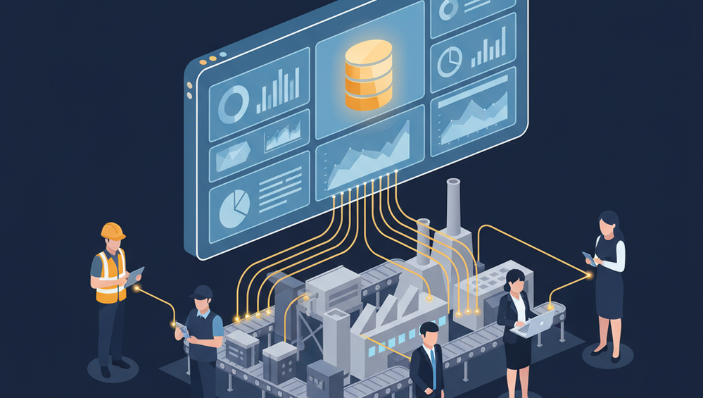 Workers around a smart factory connected to a large data dashboard with charts and database icon