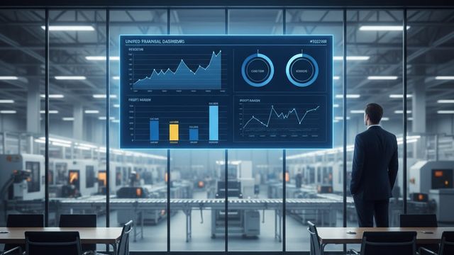 Unified SAP Business One financial dashboard overlooking a manufacturing floor, showing real-time cash and margin data