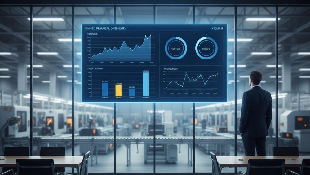 Unified SAP Business One financial dashboard overlooking a manufacturing floor, showing real-time cash and margin data