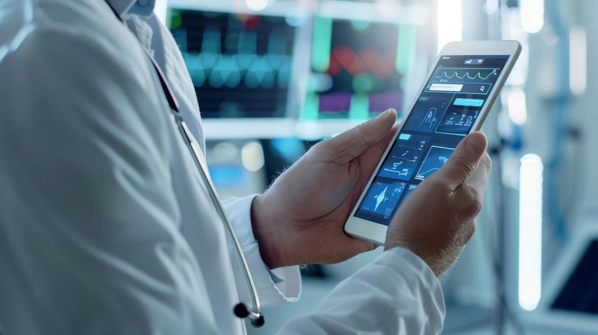Doctor in white coat holding a tablet displaying patient vital signs and medical charts