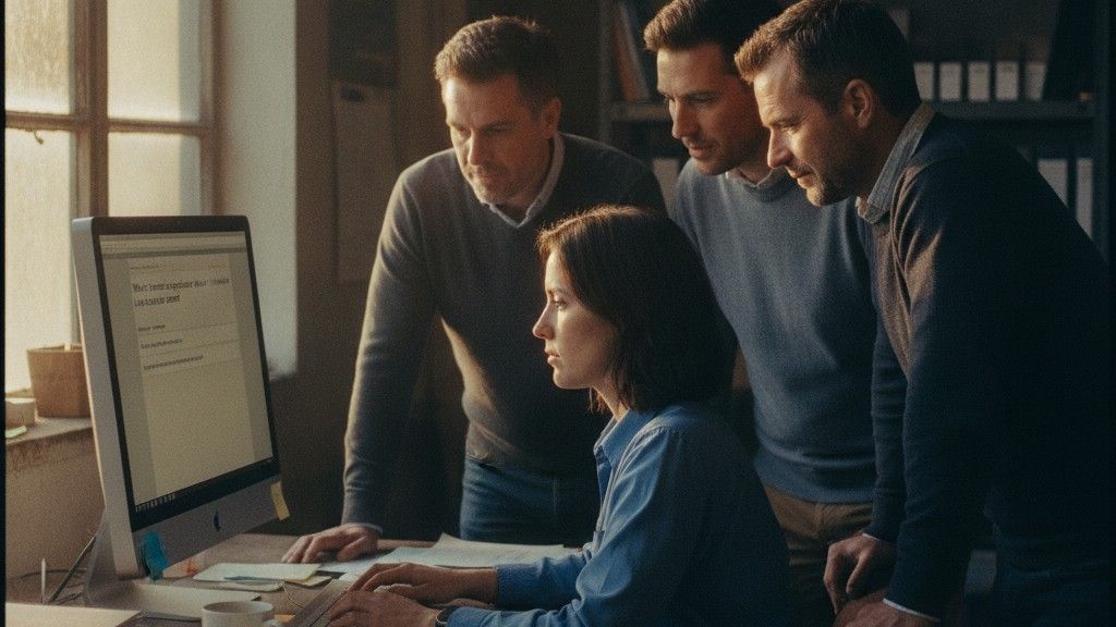 Four colleagues gathered around a desktop computer, focusing on the screen in a dim office.