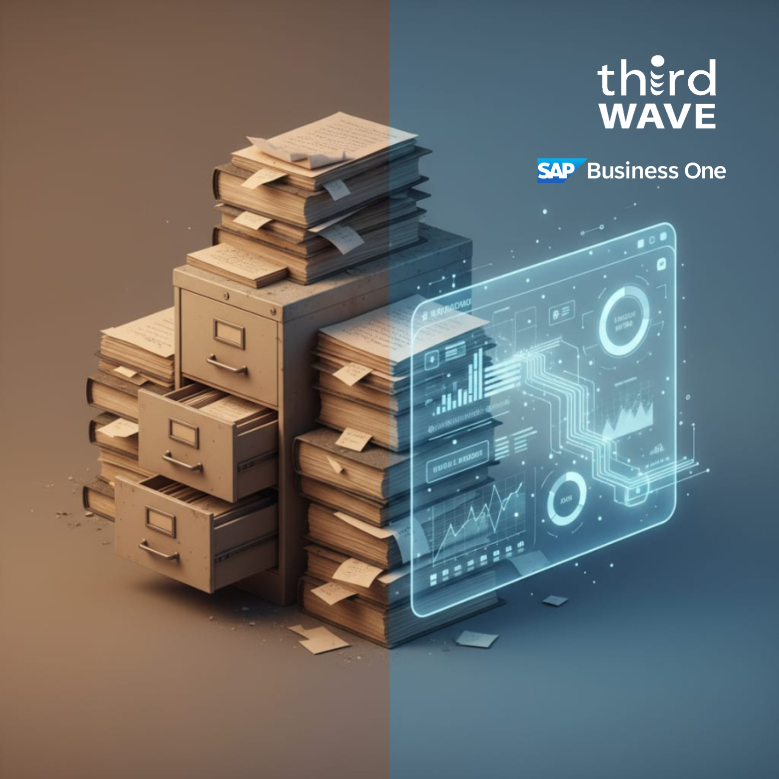 Split image of paper files and cabinets transforming into a glowing digital dashboard with Third Wave and SAP Business One logos