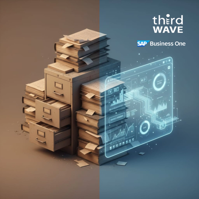 Split image of paper files and cabinets transforming into a glowing digital dashboard with Third Wave and SAP Business One logos