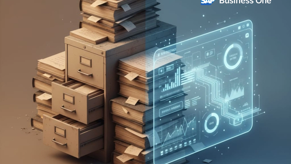 Split image of paper files and cabinets transforming into a glowing digital dashboard with Third Wave and SAP Business One logos