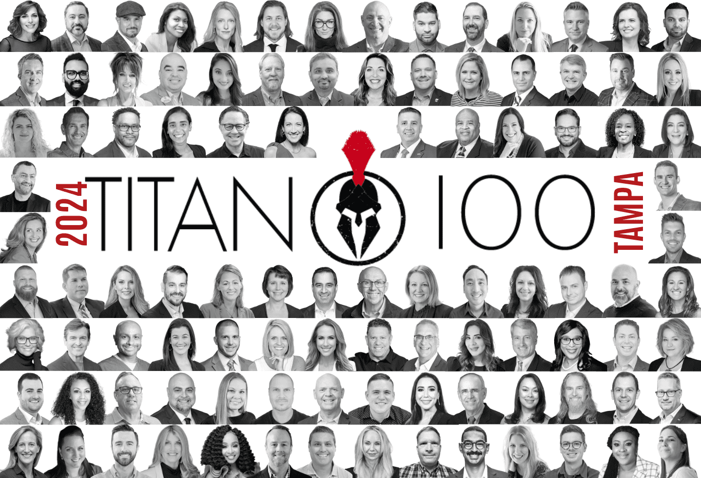 Collage of business headshots surrounding the 2024 Titan 100 Tampa logo with a Spartan helmet icon.