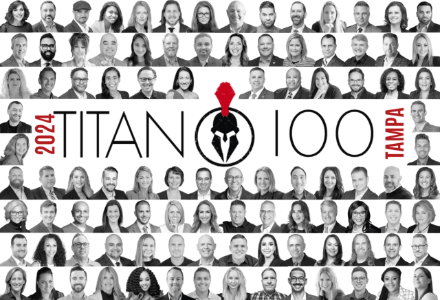 Collage of business headshots surrounding the 2024 Titan 100 Tampa logo with a Spartan helmet icon.