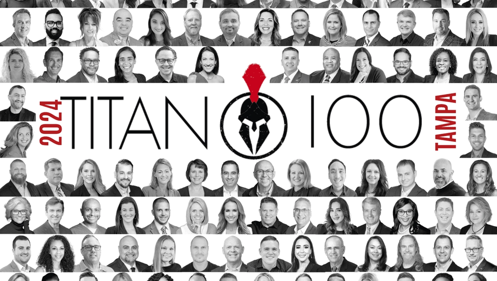 Collage of business headshots surrounding the 2024 Titan 100 Tampa logo with a Spartan helmet icon.