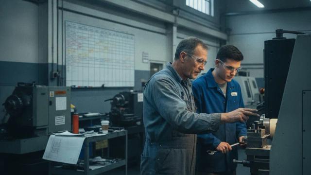 Two machinists wearing safety glasses operate a metal lathe in an industrial workshop.