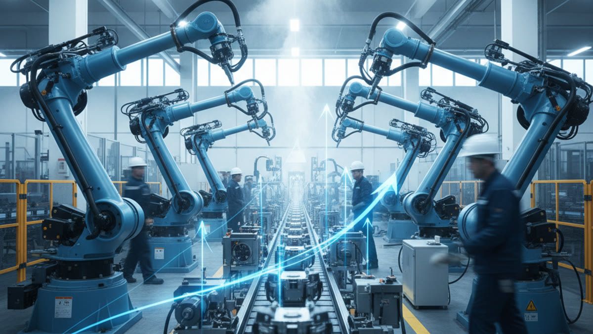Engineers in hard hats oversee blue robotic arms working along an automated factory assembly line