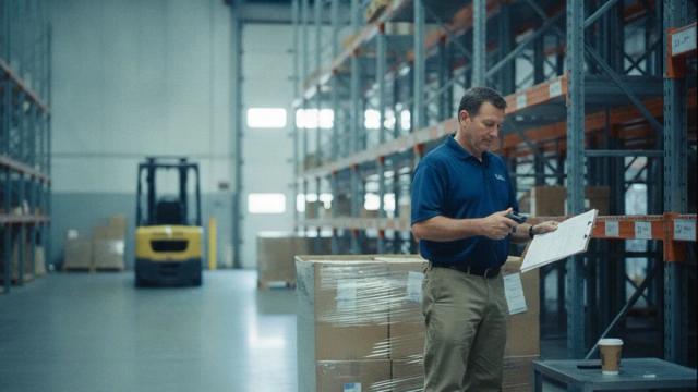 Warehouse worker scans inventory while holding a clipboard beside stacked boxes and storage racks.