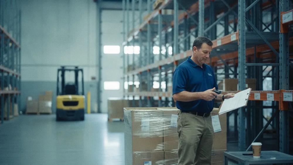 Warehouse worker scans inventory while holding a clipboard beside stacked boxes and storage racks.