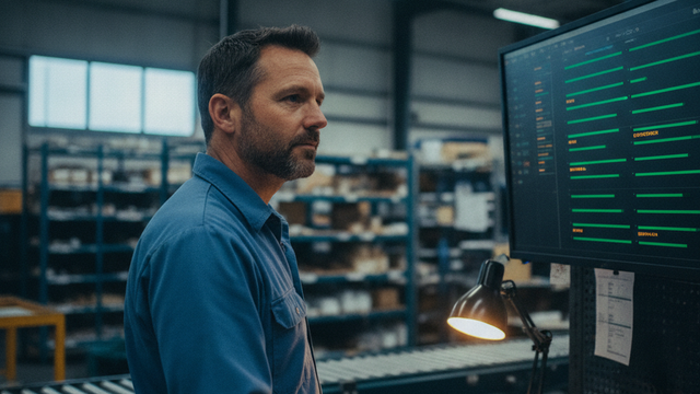 Man in a warehouse looking at a large monitor displaying green data bars