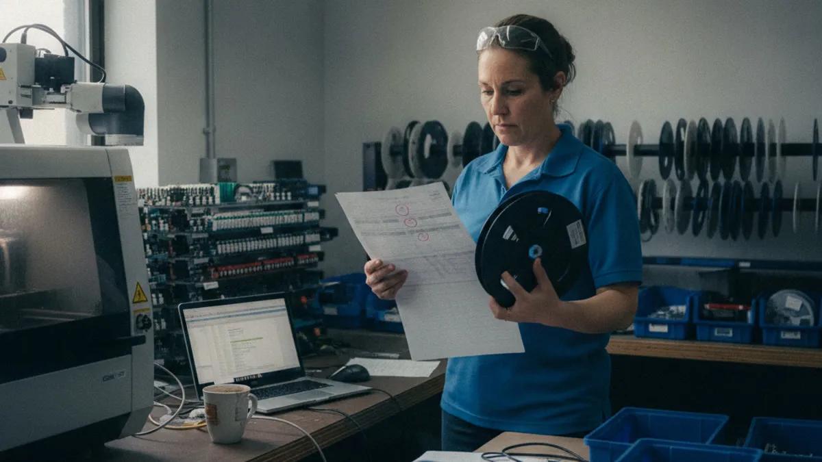 Technician holds a component reel while reviewing paperwork in an electronics workshop.