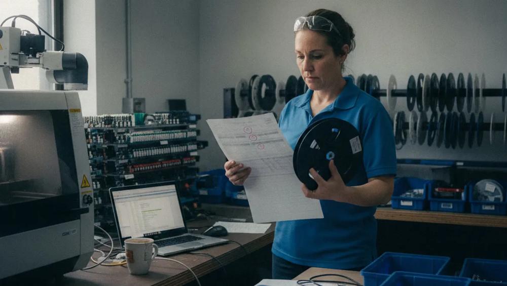 Technician holds a component reel while reviewing paperwork in an electronics workshop.