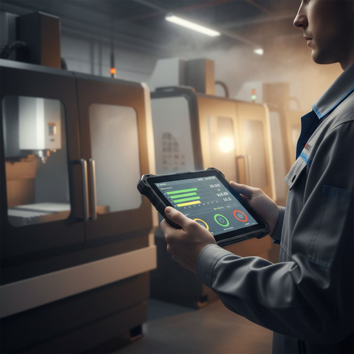 Factory worker monitoring machine performance on a tablet in an industrial workshop