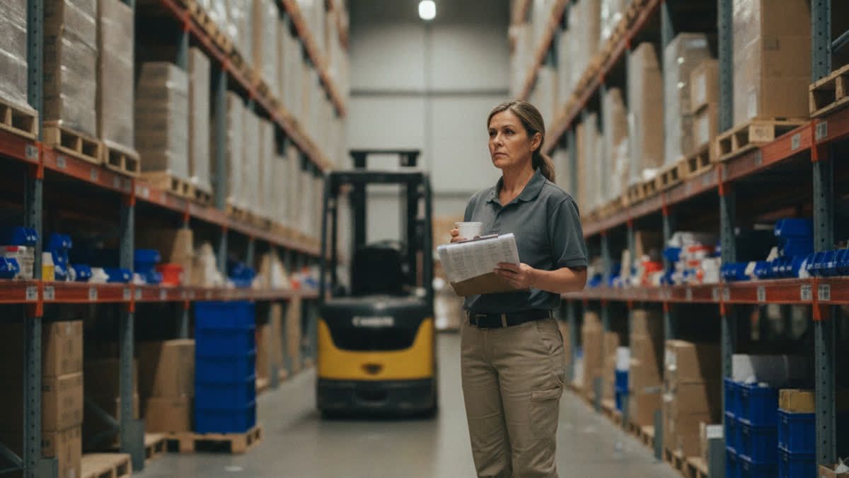 Warehouse worker holding clipboard and coffee walks between tall shelves of boxes with a forklift behind her