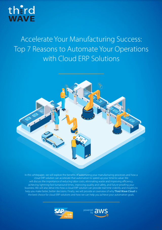Illustration of automated factory with robots, workers, and computers promoting cloud ERP manufacturing solutions