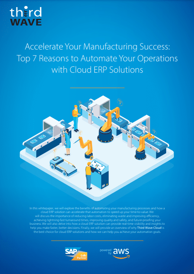 Illustration of automated factory with robots, workers, and computers promoting cloud ERP manufacturing solutions