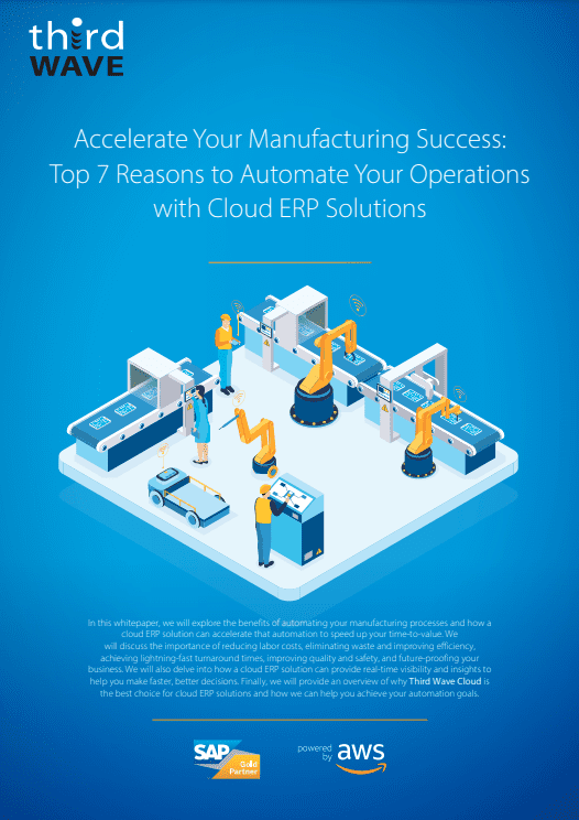 Illustration of automated factory with robots, workers, and computers promoting cloud ERP manufacturing solutions