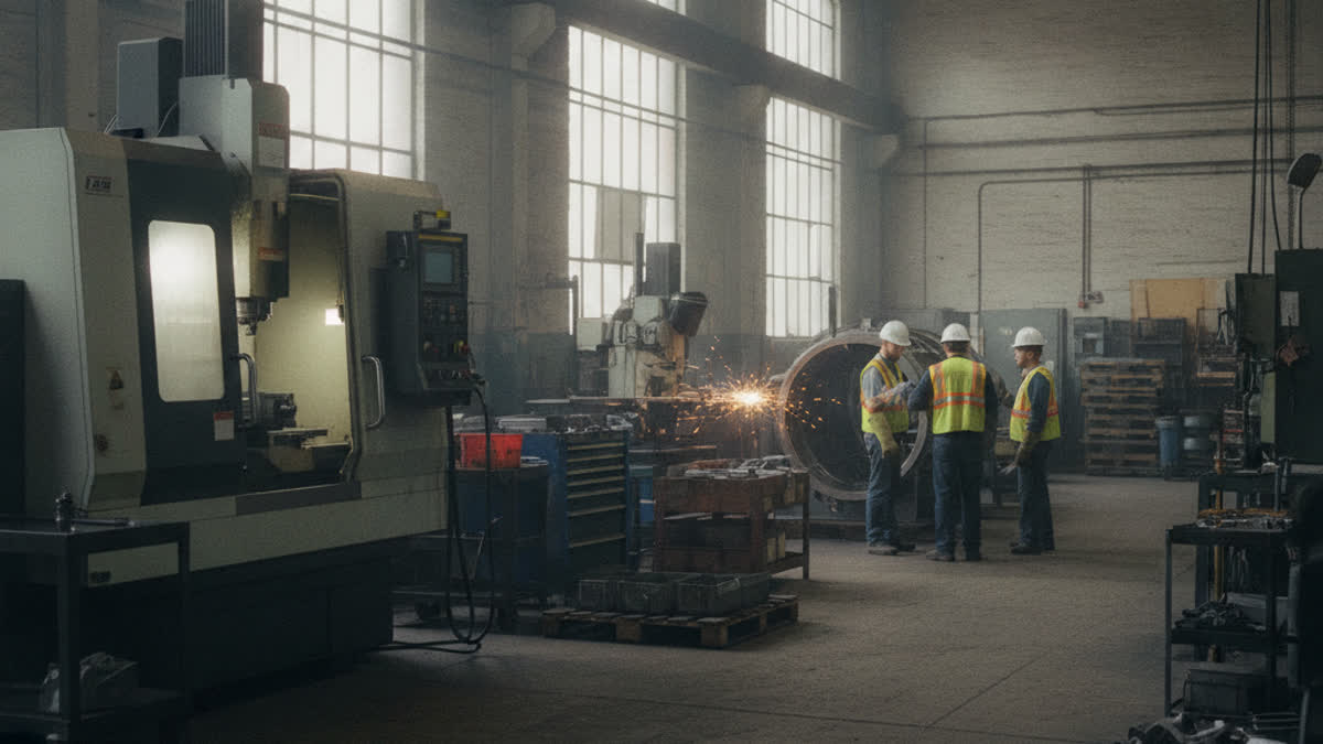 Four workers in safety gear stand near a large metal pipe as sparks fly in an industrial workshop.