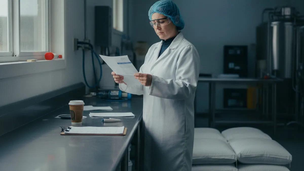 Lab worker in a white coat, safety glasses, and hairnet reads a document beside a stainless steel counter.