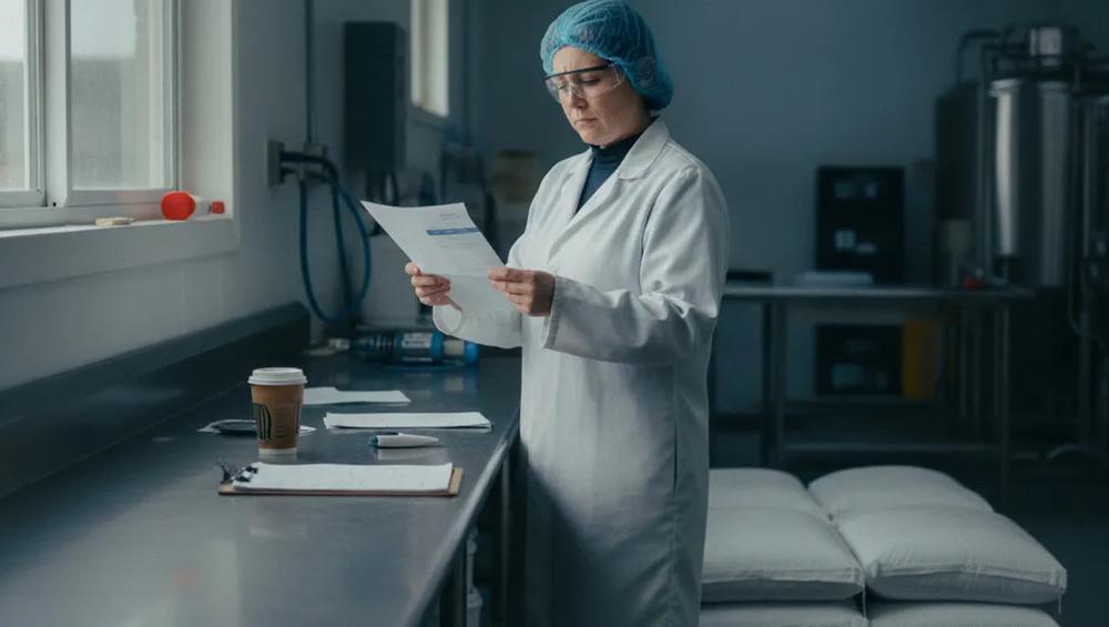Lab worker in a white coat, safety glasses, and hairnet reads a document beside a stainless steel counter.