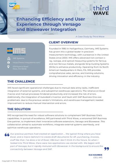 Case study document for IMS Systems and Third Wave on SAP integration, showing logos, text sections, and client overview.