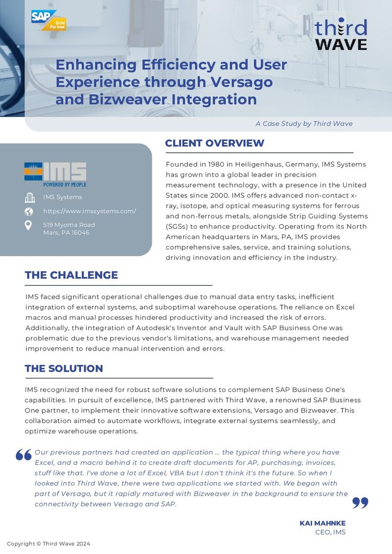 Case study document for IMS Systems and Third Wave on SAP integration, showing logos, text sections, and client overview.