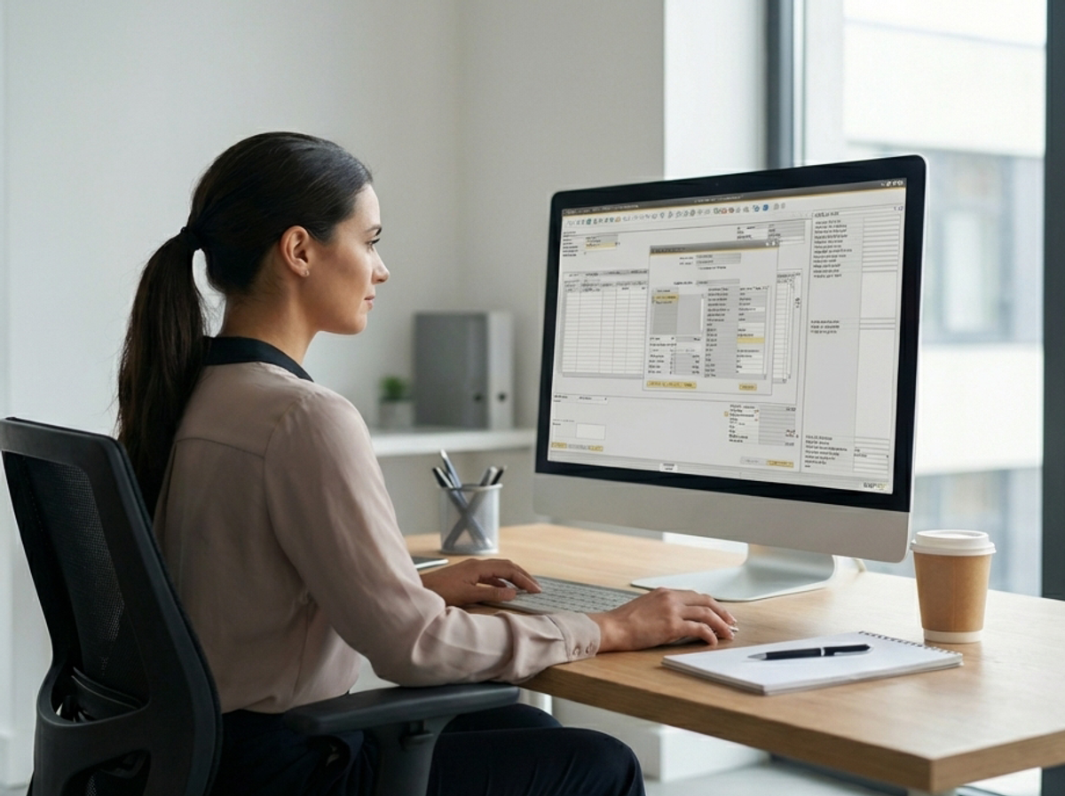 Woman working at a desk on a large computer monitor with business software open
