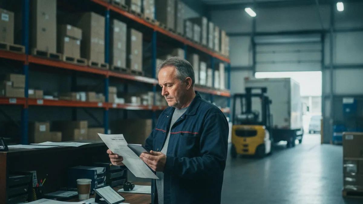 Warehouse worker reviews paperwork beside stocked shelves, with a forklift and delivery truck behind him.